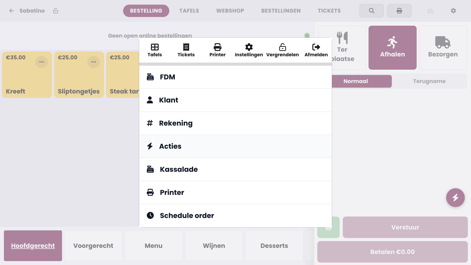 Het snelmenu van de bliksemschicht met de rij Acties.