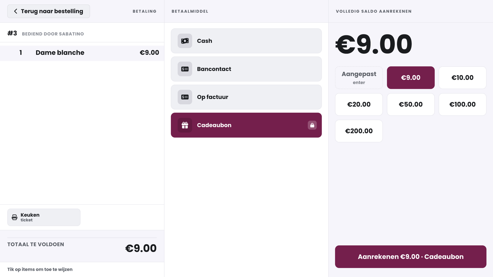 Het betaalscherm met een Dame blanche van 9,00 euro: de betaalwijze Cadeaubon is geselecteerd en onderaan staat de knop Aanrekenen 9,00 euro Cadeaubon.