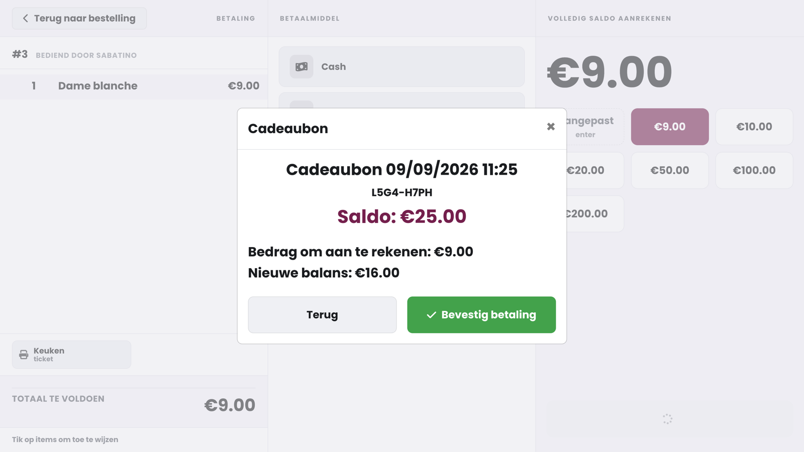 Het bevestigingsvenster: naam en code van de bon, saldo 25,00 euro, bedrag om aan te rekenen 9,00 euro, nieuwe balans 16,00 euro en de knoppen Terug en Bevestig betaling.