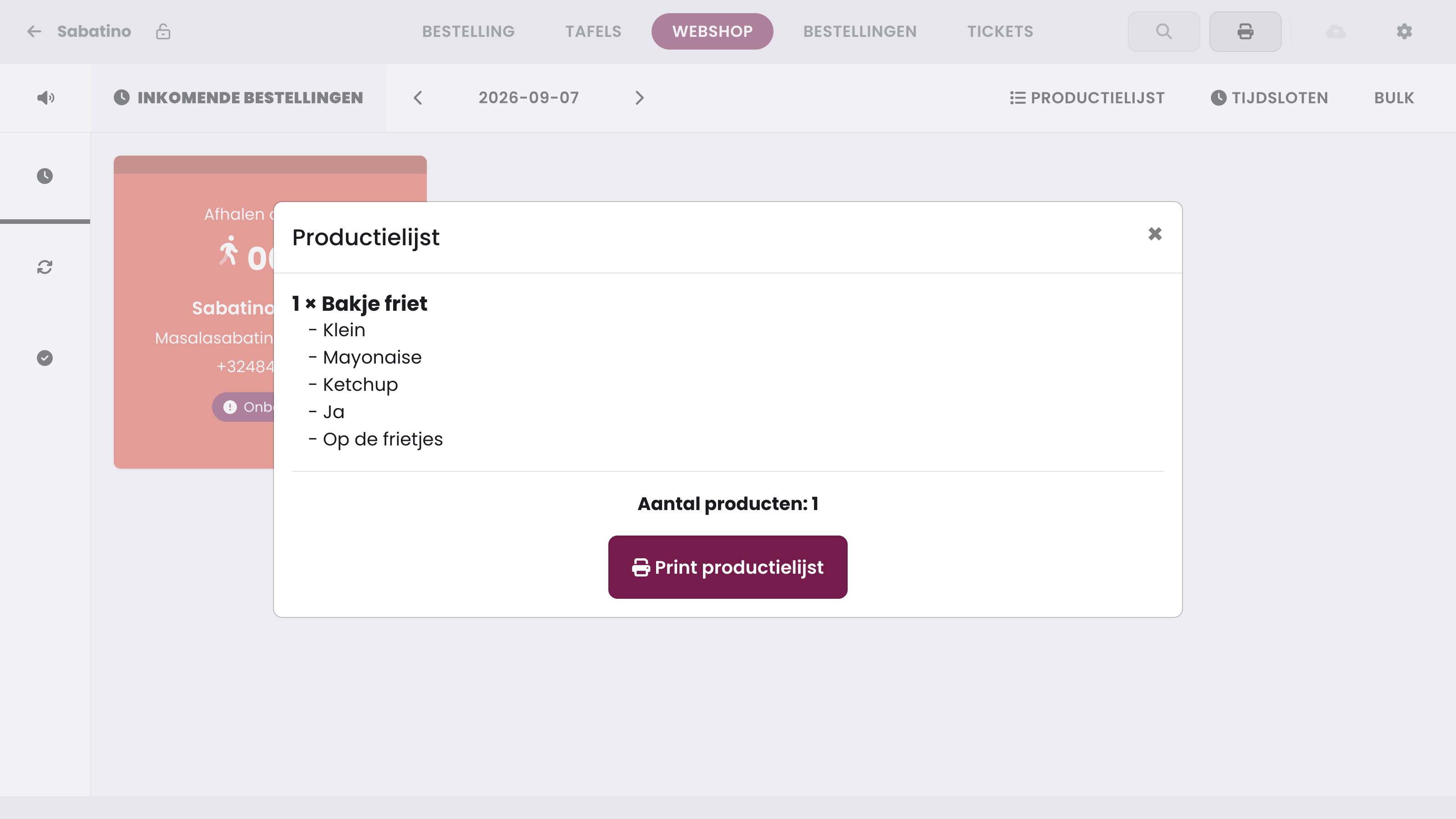 Het venster Productielijst: alle producten van de bestellingen van die dag samengeteld, met hun opties, en de knop Print productielijst.