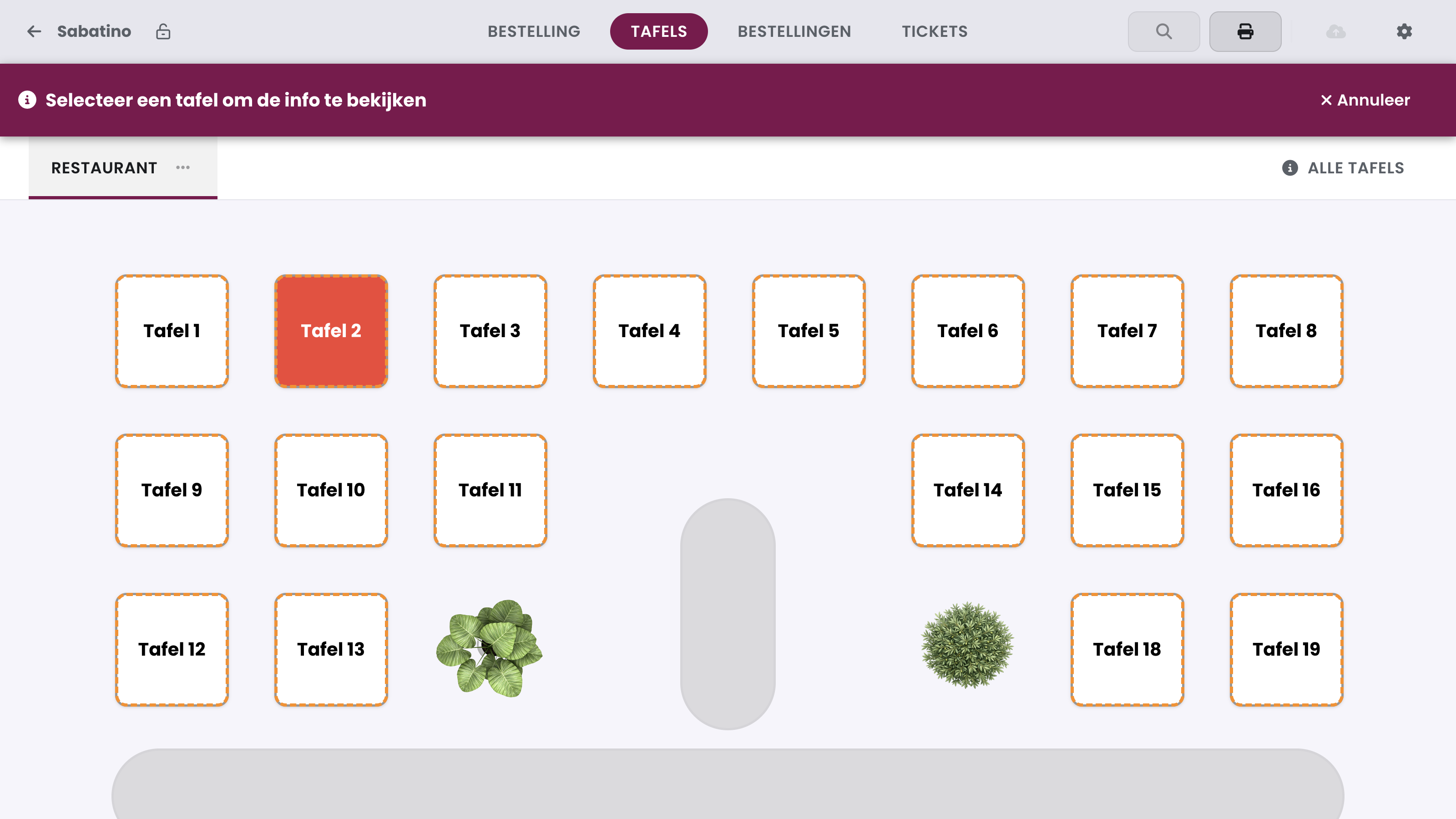 Na Tafelinfo openen in de snelle acties vraagt de balk om een tafel te selecteren. Tik op Tafel 2.