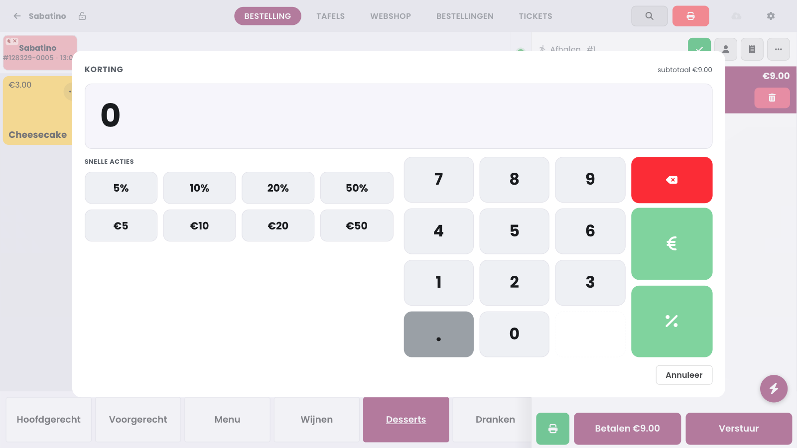 Het venster Korting met subtotaal 9,00 euro, het numerieke klavier, de knoppen euro en procent, en de snelle acties 5, 10, 20 en 50 procent of 5, 10, 20 en 50 euro.