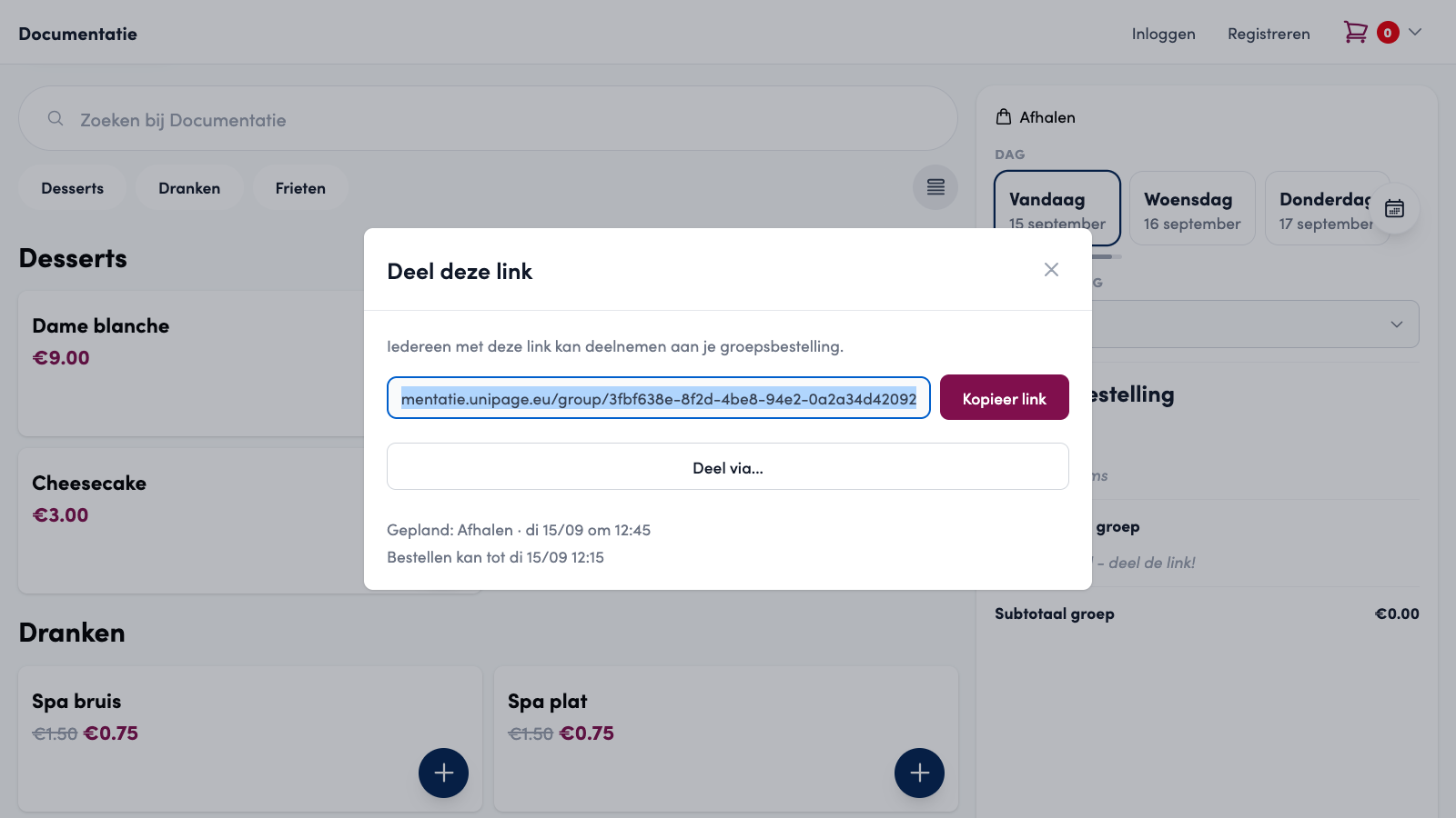 Het venster Deel deze link met de deellink, de knop Kopieer link, Deel via..., Gepland: Afhalen di 15/09 om 12:45 en Bestellen kan tot 12:15.