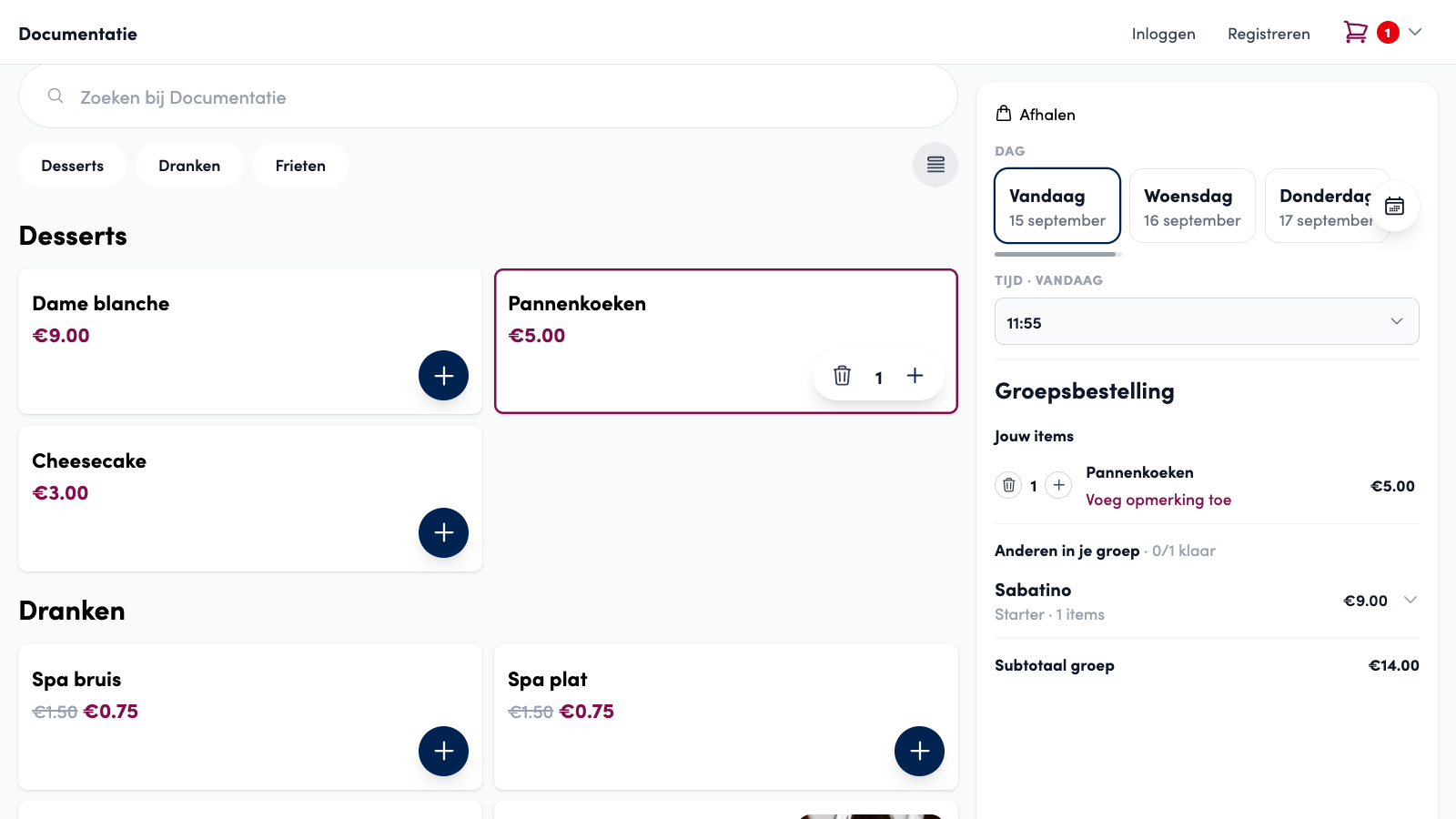 De webshop zoals Lesley die ziet: onder Groepsbestelling haar eigen Pannenkoeken bij Jouw items, daaronder Anderen in je groep met Sabatino (Starter, 1 items) en het Subtotaal groep van 14 euro.